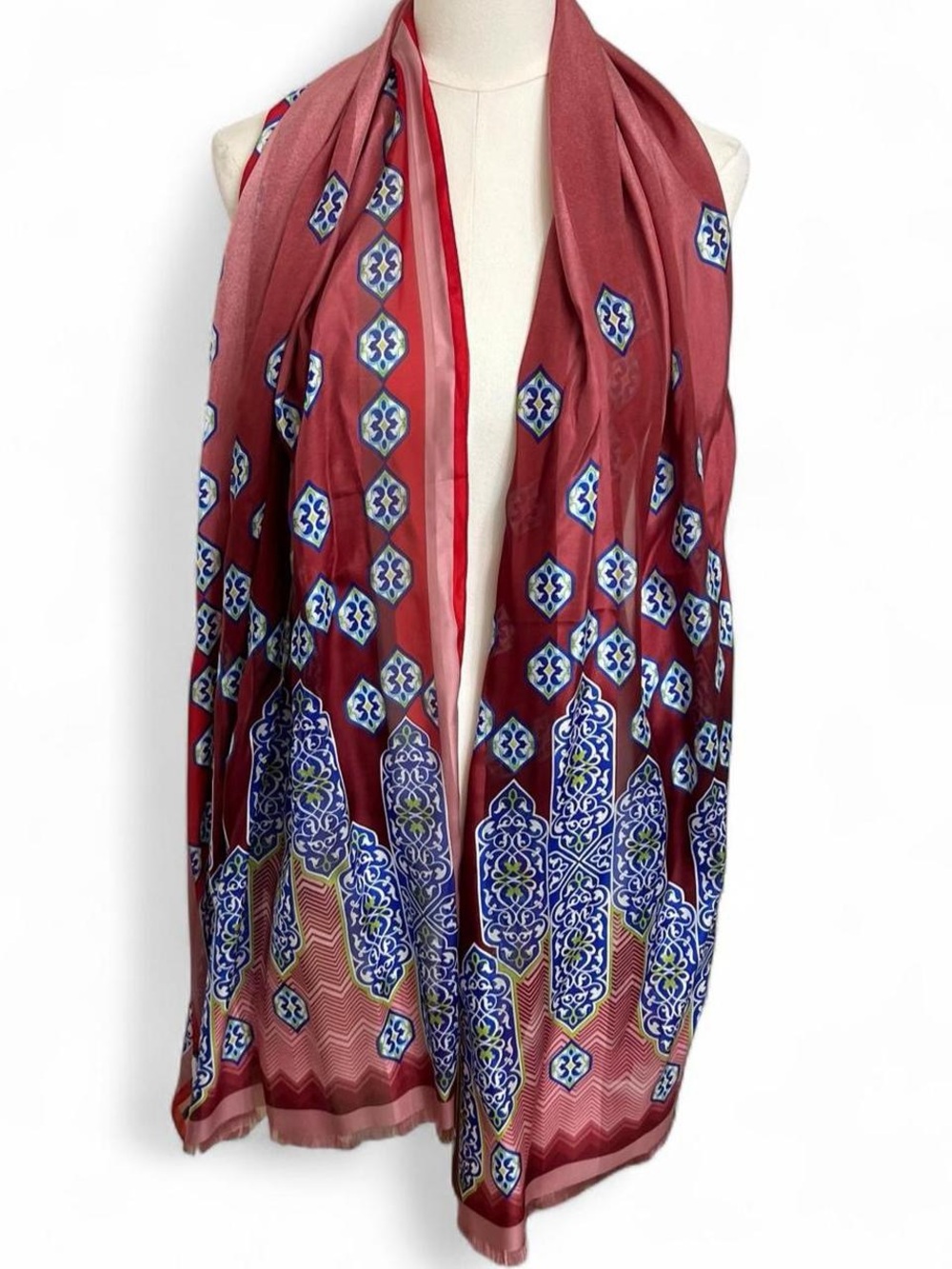 Vakko silk scarf with blue geometric pattern on red background turkey designer